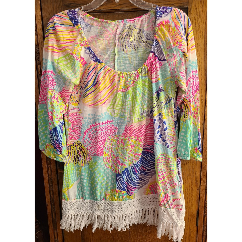 Lilly Pulitzer Alia Shell Print Fringe Tunic Top Multi Color Cotton Size S 25051